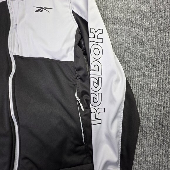 Reebok Track Jacket Mens L Black Gray Colorblock Spellout Hooded Zip Athleisure - Picture 2 of 13